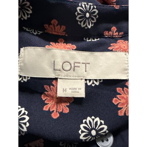 Loft Floral Print Long-Sleeve Button-Down Tunic Dress Navy/Coral Size M - Picture 5 of 8